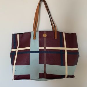 Tory Burch Large Shoulder Purse - Maroon Plaid